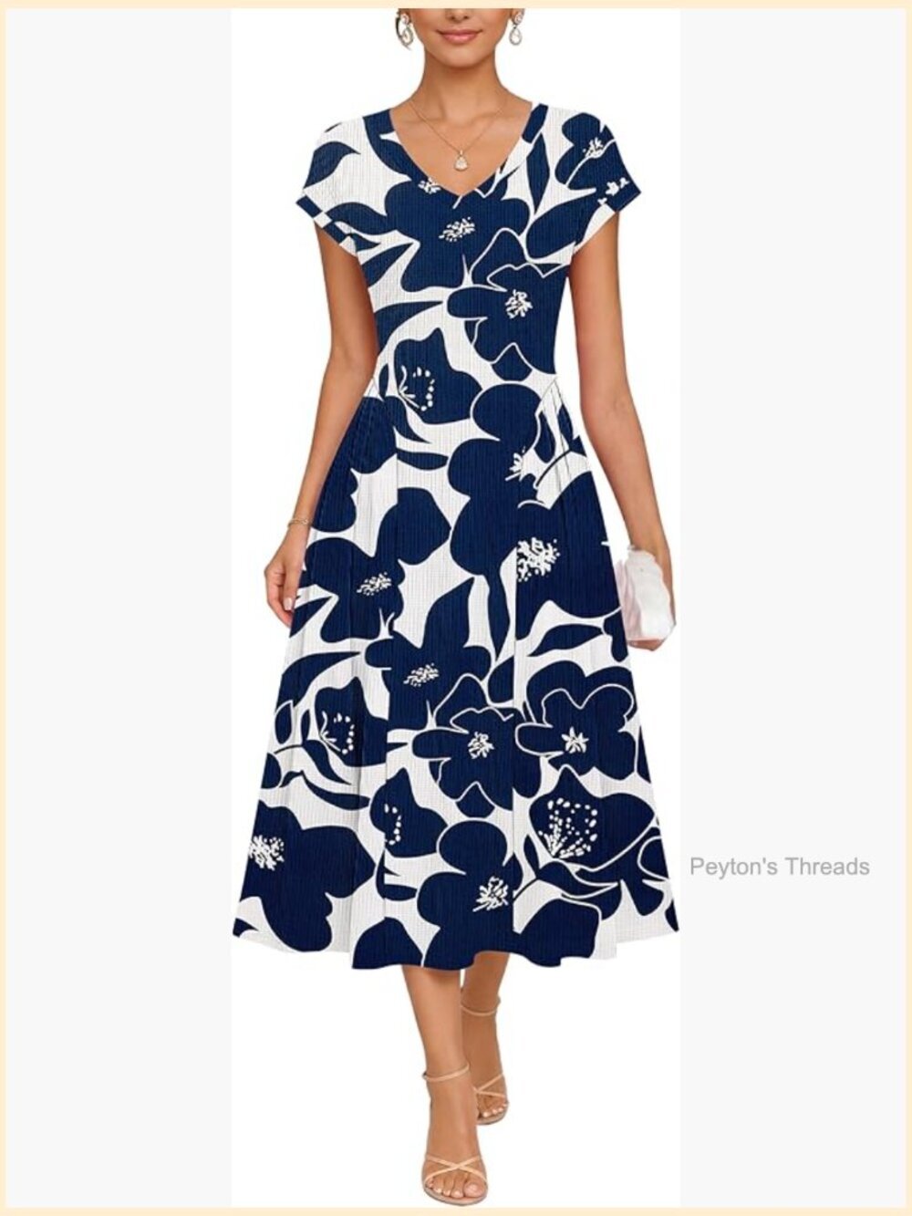 Waffle Knit V-Neck Midi Dress with Pockets - Wrinkle Free Vacation Sundress